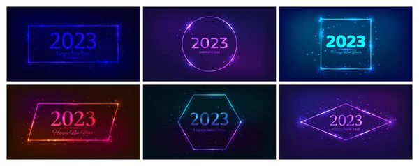 2023 Happy New Year Neon Background Set Latar Belakang Neon - Stok Vektor