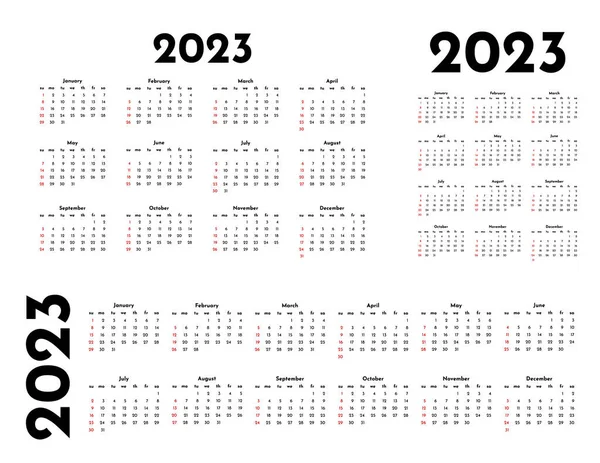 一组2023年的三个日历 以不同的形式隔离在一个白色背景上 周日到周一 业务模板 矢量说明 — 图库矢量图片