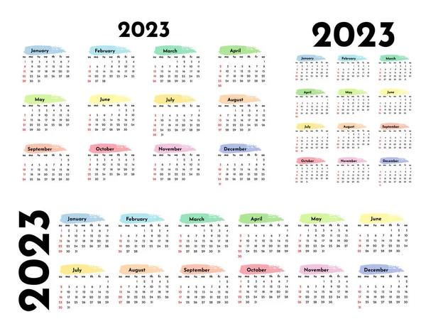 Conjunto Tres Calendarios Para 2023 Diferentes Formas Aisladas Sobre Fondo — Archivo Imágenes Vectoriales
