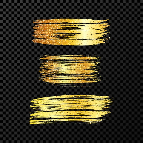 3つの金のブラシストロークのセット 手描きのインクスポットは 暗い透明な背景に隔離された ベクターイラスト — ストックベクタ