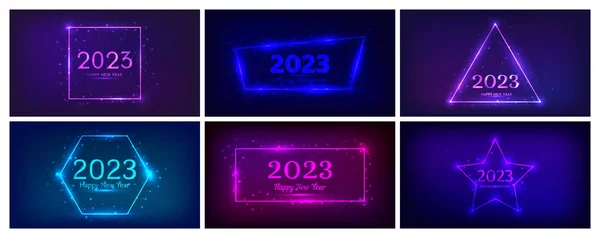 2023新年快乐的背景 一套带有圆形框架的霓虹灯背景 具有闪亮的效果 闪烁着光芒 新年快乐 — 图库矢量图片