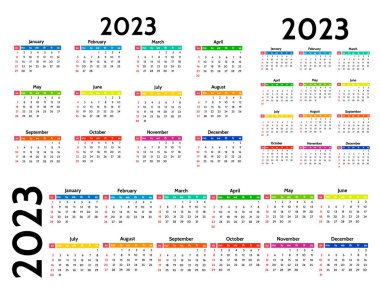 2023 için üç takvim seti beyaz arka planda izole edilmiş farklı formlarda. Pazardan pazartesiye, iş planı. Vektör illüstrasyonu