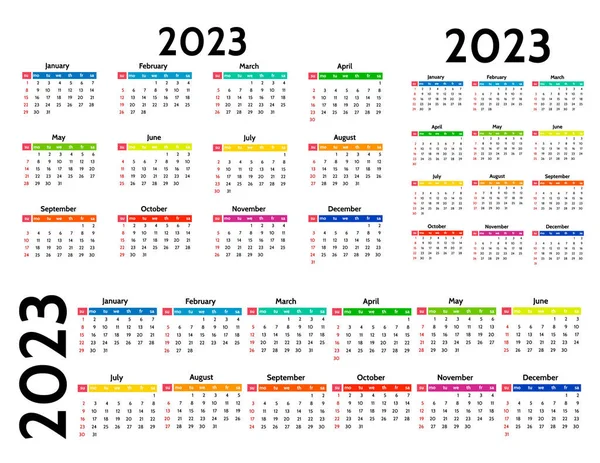Conjunto Tres Calendarios Para 2023 Diferentes Formas Aisladas Sobre Fondo — Archivo Imágenes Vectoriales