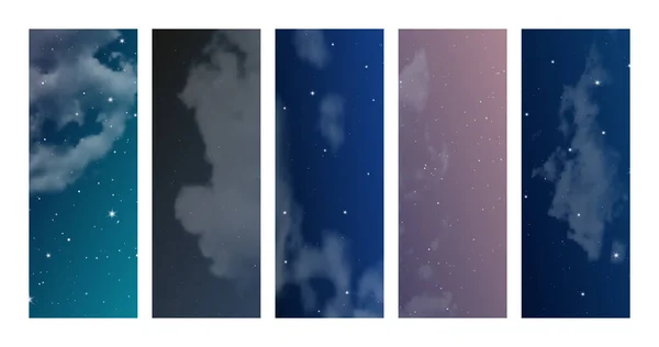 Nacht Hemel Met Wolken Vele Sterren Set Van Abstracte Natuur — Stockvector