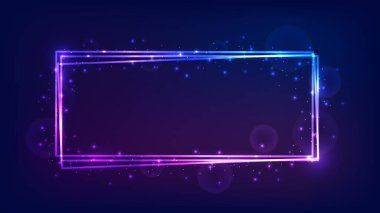 Parlak efektleri ve koyu arkaplanda parıltıları olan neon dikdörtgen çerçeve. Boş parlayan tekno fon. Vektör illüstrasyonu