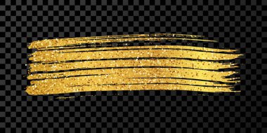 Altın fırça darbesi. El çizimi mürekkep lekesi koyu şeffaf arkaplanda izole edilmiş. Vektör illüstrasyonu