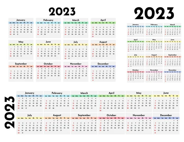 一组2023年的三个日历 以不同的形式隔离在一个白色背景上 周日到周一 业务模板 矢量说明 — 图库矢量图片
