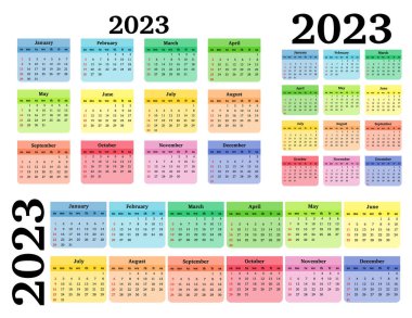 2023 için üç takvim seti beyaz arka planda izole edilmiş farklı formlarda. Pazardan pazartesiye, iş planı. Vektör illüstrasyonu