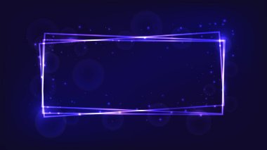 Parlak efektleri ve koyu arkaplanda parıltıları olan neon dikdörtgen çerçeve. Boş parlayan tekno fon. Vektör illüstrasyonu