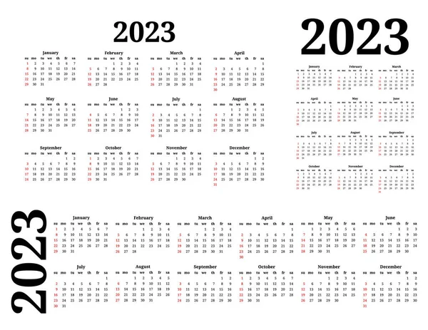 Set Tre Calendari 2023 Diverse Forme Isolate Sfondo Bianco Domenica — Vettoriale Stock