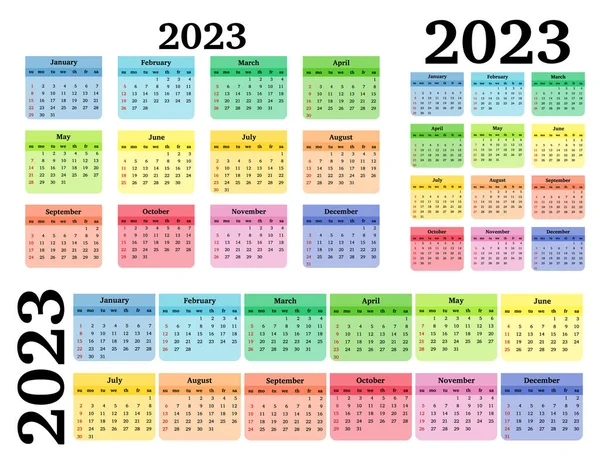 Set Van Drie Kalenders Voor 2023 Verschillende Vormen Geïsoleerd Een — Stockvector