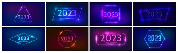 2023 Mutlu Yıllar Neon Geçmişi Parlak Efektlerle Farklı Geometrik Çerçevelere — Stok Vektör
