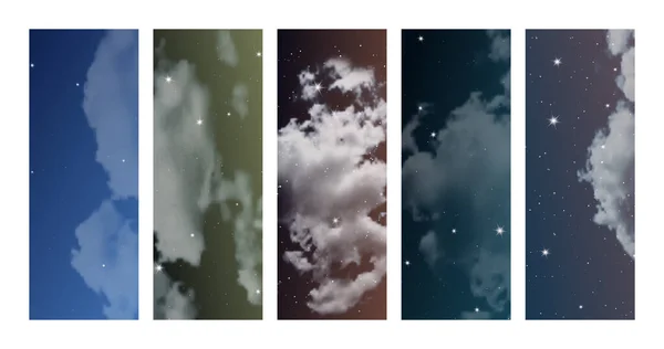 Ночное Небо Облаками Множеством Звезд Набор Абстрактных Природных Вертикальных Фонов — стоковый вектор