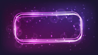 Neon yuvarlak dikdörtgen çerçeve, parlak efektler ve koyu arkaplanda parıltılar. Boş parlayan tekno fon. Vektör illüstrasyonu