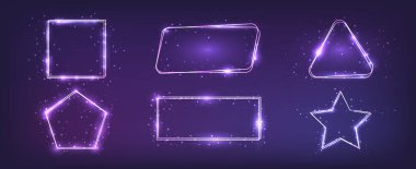 Farklı geometrik formlarda altı neon çift çerçeve seti. Parlak efektler ve koyu arkaplanda parıltılar. Boş parlayan tekno fon. Vektör illüstrasyonu