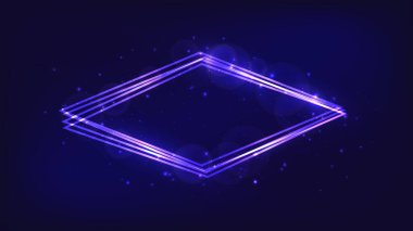 Neon eşkenar dörtgen çerçeve, parlak efektler ve koyu arkaplanda parıltılar. Boş parlayan tekno fon. Vektör illüstrasyonu