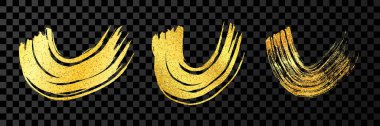 Altın grunge yarı dairesel fırça darbeleri. Dalgalı boyalı mürekkep çizgileri. Mürekkep lekesi koyu şeffaf arkaplanda izole edilmiş. Vektör illüstrasyonu
