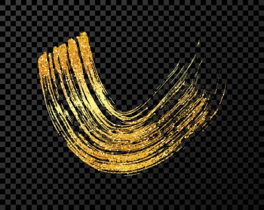 Altın grunge yarı dairesel fırça darbeleri. Boyalı dalgalı mürekkep çizgileri. Mürekkep lekesi koyu şeffaf arkaplanda izole edilmiş. Vektör illüstrasyonu