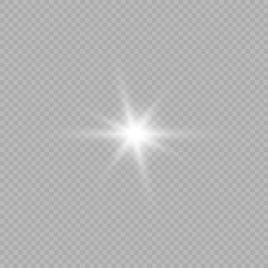 Lens fişeklerinin ışık etkisi. Gri şeffaf bir arka planda parıltılı beyaz parlayan ışıklar yıldız patlaması efektleri. Vektör illüstrasyonu