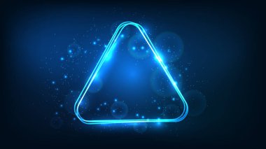 Neon yuvarlak üçgen çerçeve, parlak efektler ve koyu arkaplanda parıltılar. Boş parlayan tekno fon. Vektör illüstrasyonu