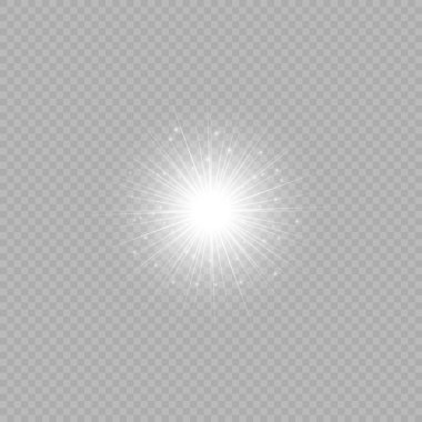 Lens fişeklerinin ışık etkisi. Gri şeffaf bir arka planda parıltılı beyaz parlayan ışıklar yıldız patlaması efektleri. Vektör illüstrasyonu