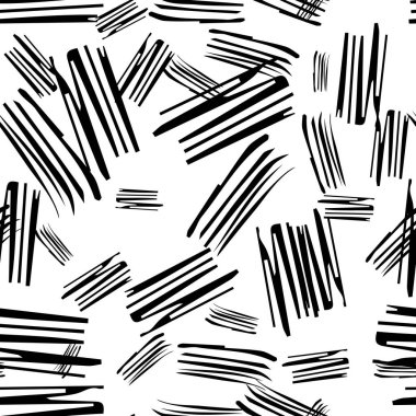 Beyaz arka planda soyut şekillerde siyah kalem fırça darbeleriyle kusursuz desen. Vektör illüstrasyonu