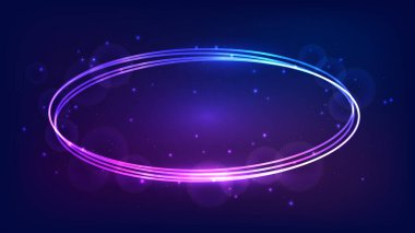 Parlak efektleri ve koyu arkaplanda parıltıları olan neon oval çerçeve. Boş parlayan tekno fon. Vektör illüstrasyonu