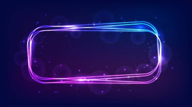 Neon yuvarlak dikdörtgen çerçeve, parlak efektler ve koyu arkaplanda parıltılar. Boş parlayan tekno fon. Vektör illüstrasyonu