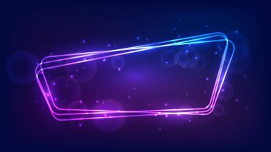 Neon yuvarlak çerçeve, parlak efektler ve koyu arkaplanda parıltılar. Boş parlayan tekno fon. Vektör illüstrasyonu