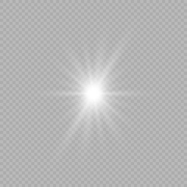 Lens fişeklerinin ışık etkisi. Gri şeffaf bir arka planda parıltılı beyaz parlayan ışıklar yıldız patlaması efektleri. Vektör illüstrasyonu