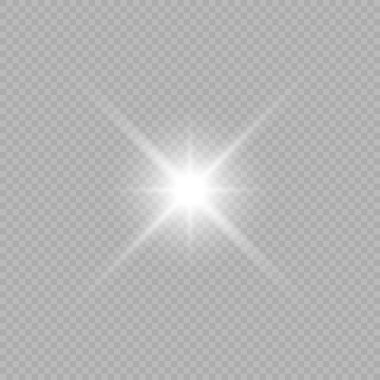 Lens fişeklerinin ışık etkisi. Gri şeffaf bir arka planda parıltılı beyaz parlayan ışıklar yıldız patlaması efektleri. Vektör illüstrasyonu
