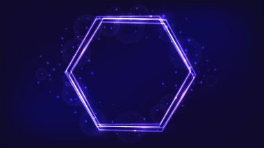 Parlak efektleri ve koyu arkaplanda parıltıları olan neon altıgen çerçeve. Boş parlayan tekno fon. Vektör illüstrasyonu