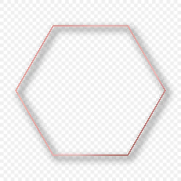 Rose Gold Glowing Hexagon Frame Shadow Isolated Transparent Background Shiny — Stock Vector