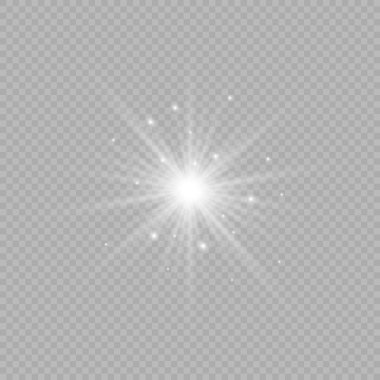 Lens fişeklerinin ışık etkisi. Gri şeffaf bir arka planda parıltılı beyaz parlayan ışıklar yıldız patlaması efektleri. Vektör illüstrasyonu