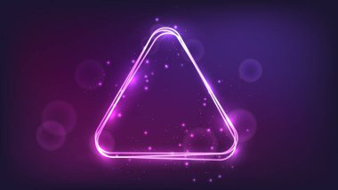 Neon yuvarlak üçgen çerçeve, parlak efektler ve koyu arkaplanda parıltılar. Boş parlayan tekno fon. Vektör illüstrasyonu