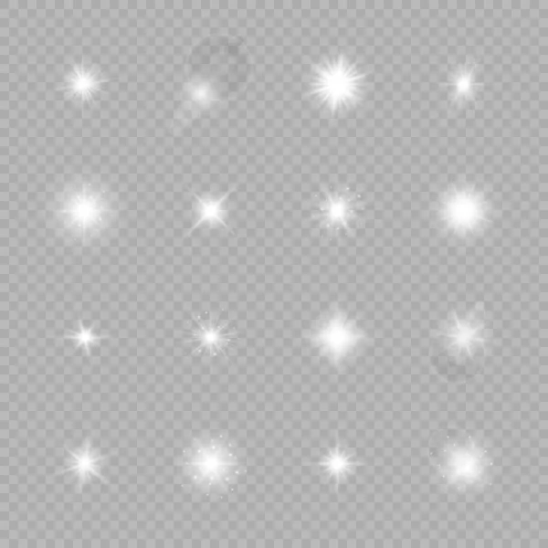 镜头照明弹的光效 一组16个白炽灯的星暴效果与闪光在灰色透明的背景 矢量说明 — 图库矢量图片
