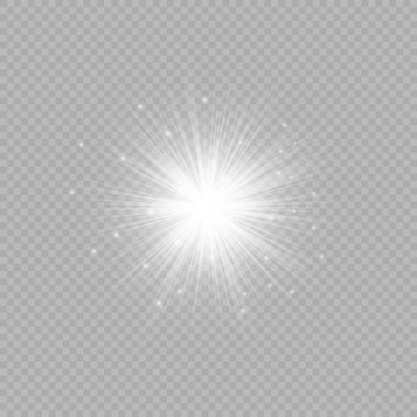 Lens fişeklerinin ışık etkisi. Gri şeffaf bir arka planda parıltılı beyaz parlayan ışıklar yıldız patlaması efektleri. Vektör illüstrasyonu