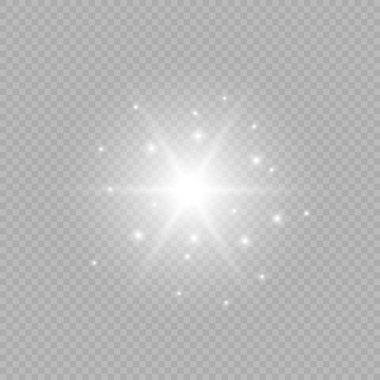 Lens fişeklerinin ışık etkisi. Gri şeffaf bir arka planda parıltılı beyaz parlayan ışıklar yıldız patlaması efektleri. Vektör illüstrasyonu
