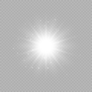 Lens fişeklerinin ışık etkisi. Gri şeffaf bir arka planda parıltılı beyaz parlayan ışıklar yıldız patlaması efektleri. Vektör illüstrasyonu