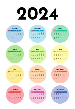 2024 takvimi beyaz arka planda izole edildi. Pazardan pazartesiye, iş planı. Vektör illüstrasyonu