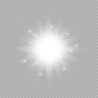Lens fişeklerinin ışık etkisi. Gri şeffaf bir arka planda parıltılı beyaz parlayan ışıklar yıldız patlaması efektleri. Vektör illüstrasyonu