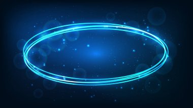 Parlak efektleri ve koyu arkaplanda parıltıları olan neon oval çerçeve. Boş parlayan tekno fon. Vektör illüstrasyonu