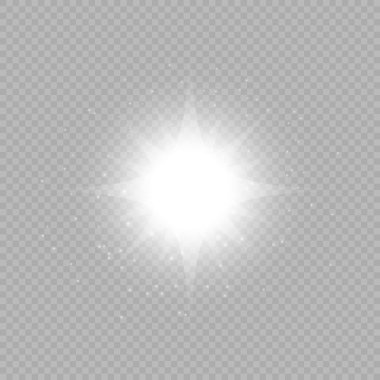 Lens fişeklerinin ışık etkisi. Gri şeffaf bir arka planda parıltılı beyaz parlayan ışıklar yıldız patlaması efektleri. Vektör illüstrasyonu
