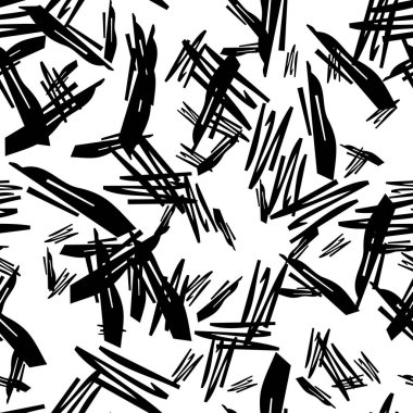 Beyaz arka planda soyut şekillerde siyah kalem fırça darbeleriyle kusursuz desen. Vektör illüstrasyonu