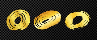 Altın grunge fırça darbeleri daire şeklinde. Üç adet boyalı mürekkep çemberi. Mürekkep lekesi koyu şeffaf arkaplanda izole edilmiş. Vektör illüstrasyonu