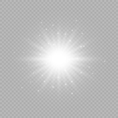 Lens fişeklerinin ışık etkisi. Gri şeffaf bir arka planda parıltılı beyaz parlayan ışıklar yıldız patlaması efektleri. Vektör illüstrasyonu