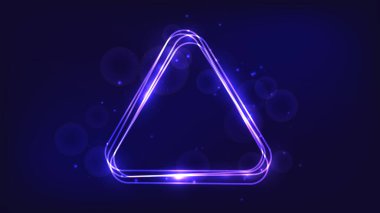 Neon yuvarlak üçgen çerçeve, parlak efektler ve koyu arkaplanda parıltılar. Boş parlayan tekno fon. Vektör illüstrasyonu