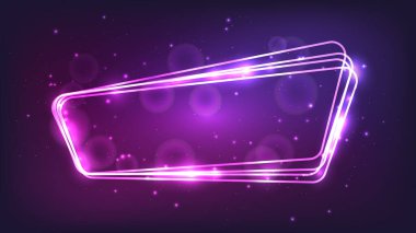 Neon yuvarlak çerçeve, parlak efektler ve koyu arkaplanda parıltılar. Boş parlayan tekno fon. Vektör illüstrasyonu