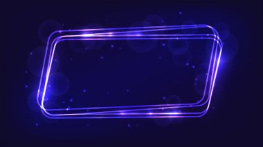 Neon yuvarlak paralelkenarlı çerçeve, parlak efektler ve koyu arkaplanda parıltılar. Boş parlayan tekno fon. Vektör illüstrasyonu