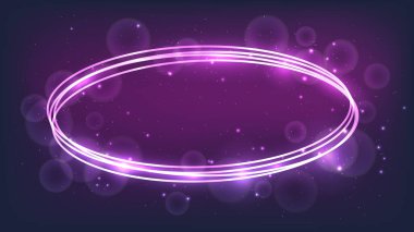Parlak efektleri ve koyu arkaplanda parıltıları olan neon oval çerçeve. Boş parlayan tekno fon. Vektör illüstrasyonu